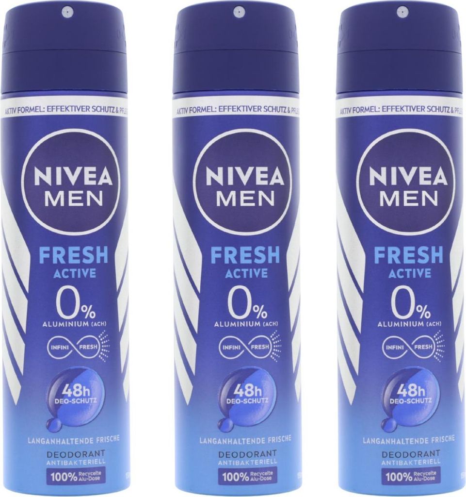 3 x Nivea Men Fresh Active Deo Spray je 150ml 48h Schutz 0% Aluminium