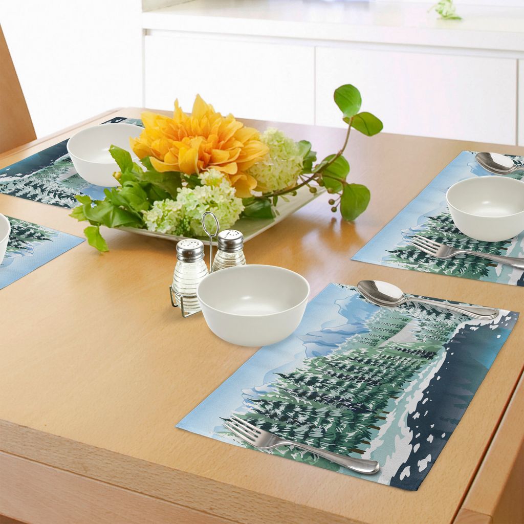 ABAKUHAUS Wald Platzmatten, Wildwood in der Wintersaison mit Snowy Mountains und gefrorener Fluss-Karikatur-Art, Tiscjdeco aus Farbfesten Stoff fü...