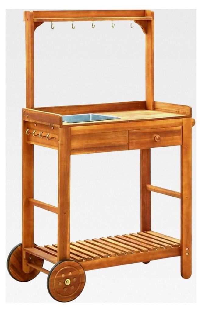 Gartenküchenwagen aus massivem Akazienholz, 92 x 43,5 x 141,5 cm
