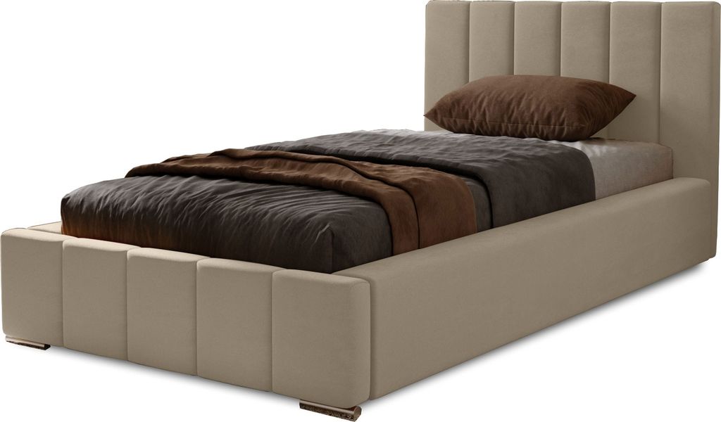 Polsterbett Nero 80x200 cm, Bett mit Kopfteil, Doppelbett mit Bettkasten , Lattenrost und Matratze aus Holz, Velourstoff: Braun