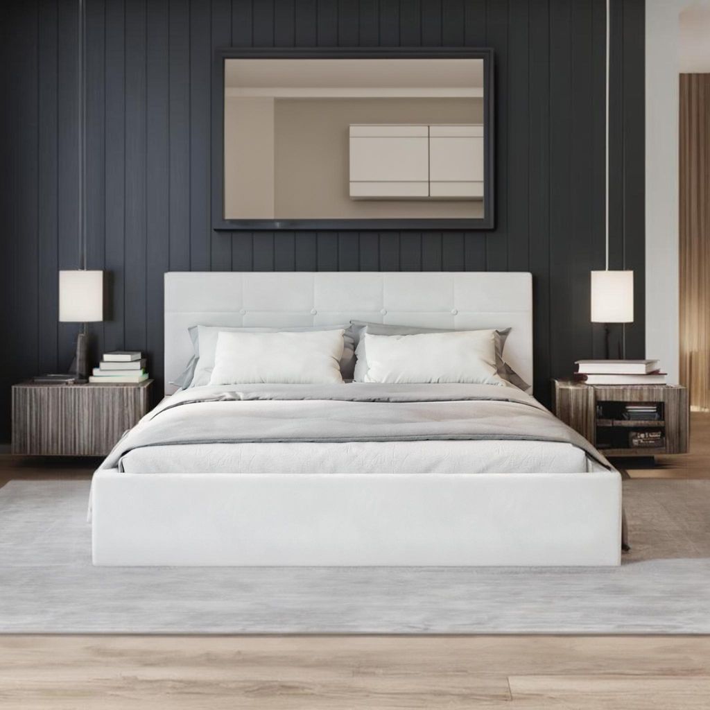 FDM Bett VEGAS Trinity 90x200 cm Polsterbett mit Lattenrost aus Metall Bettkasten Stauraumbett Samt weiß