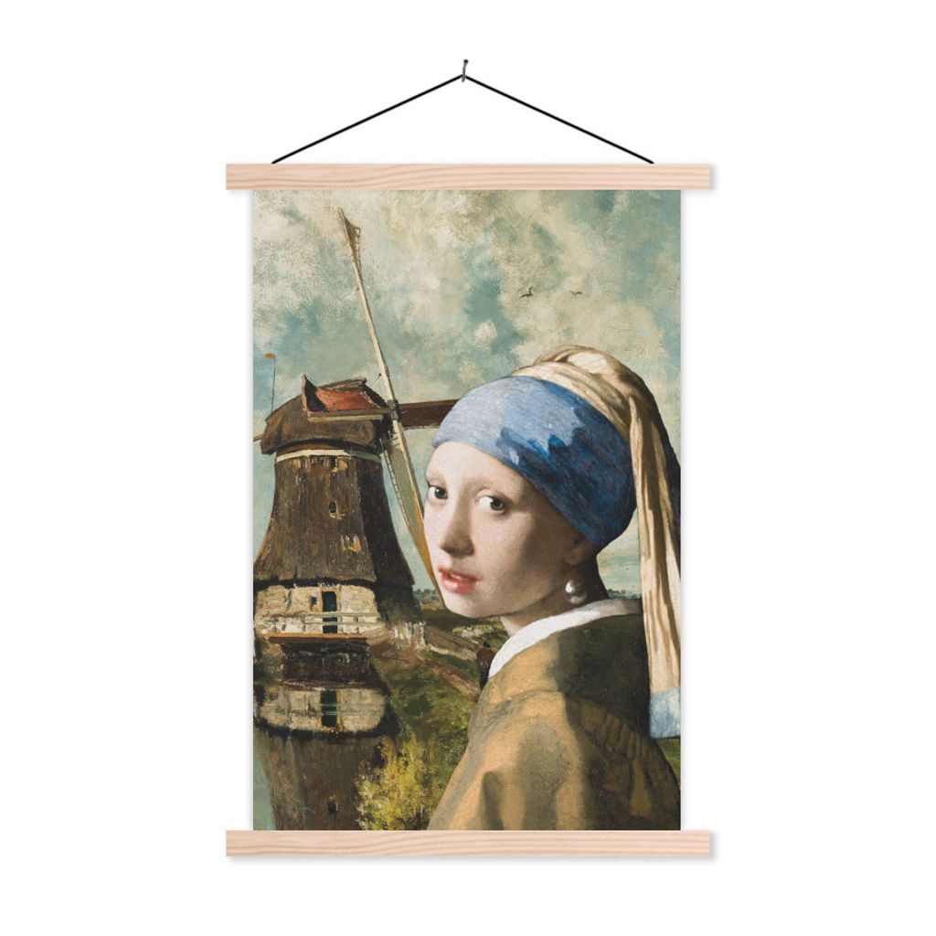 MuchoWow Textilposter Das Mädchen mit dem Perlenohrring - Johannes Vermeer - Mühle 120x180 cm mit holzfarbenen Rahmen - Textil-Plakat