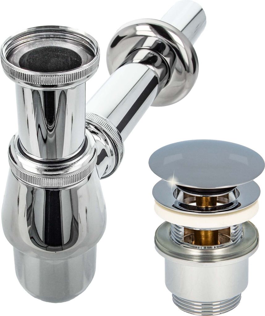A chrome siphon and pop-up drain assembly for a sink.
