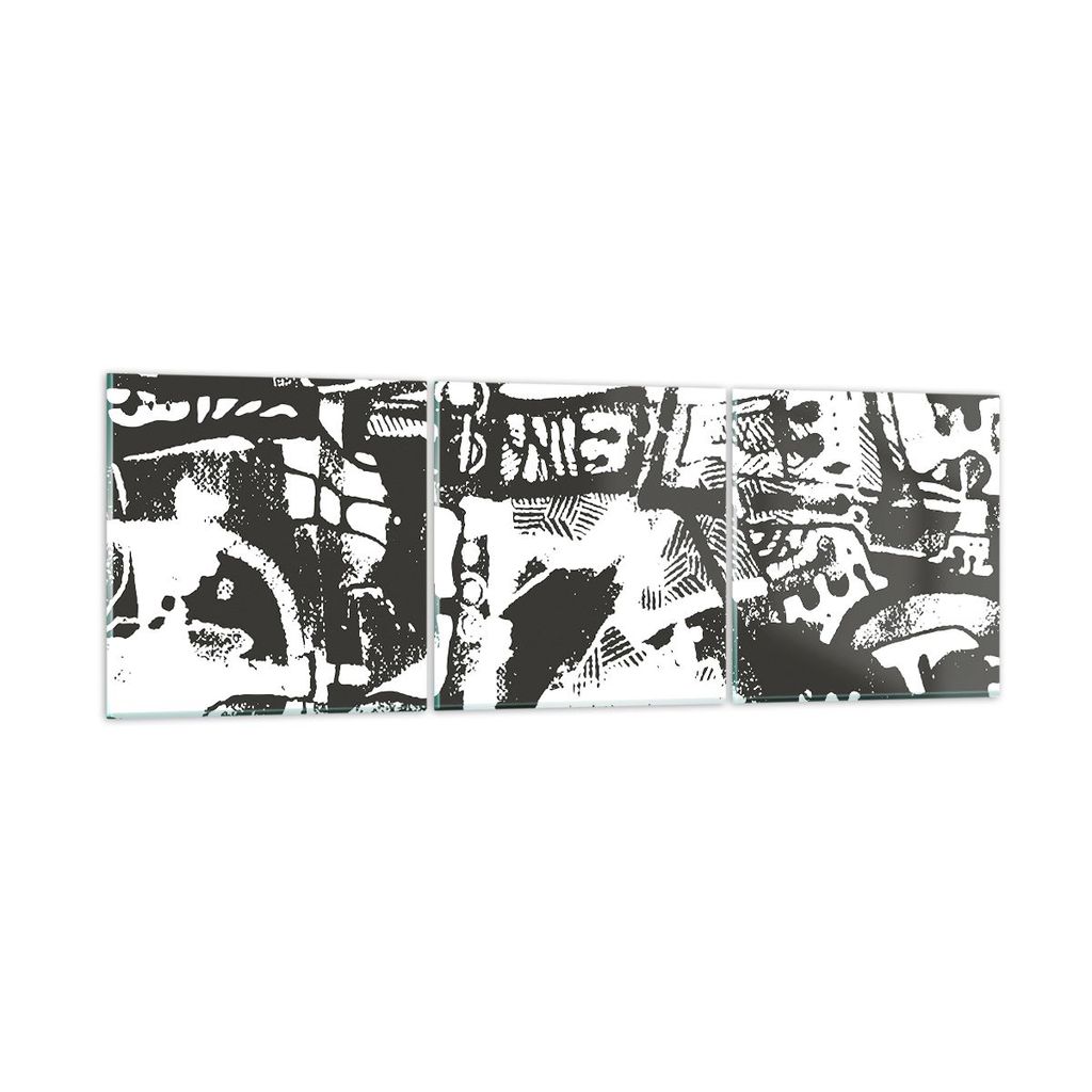 Bilder auf glas - 3 Teile - Schwarzweiß Figuren Abstraktion - 90x30cm - Glasbilder - Wandbilder - Bilder - Wanddekoration aus Glas - Glas Bilder -...