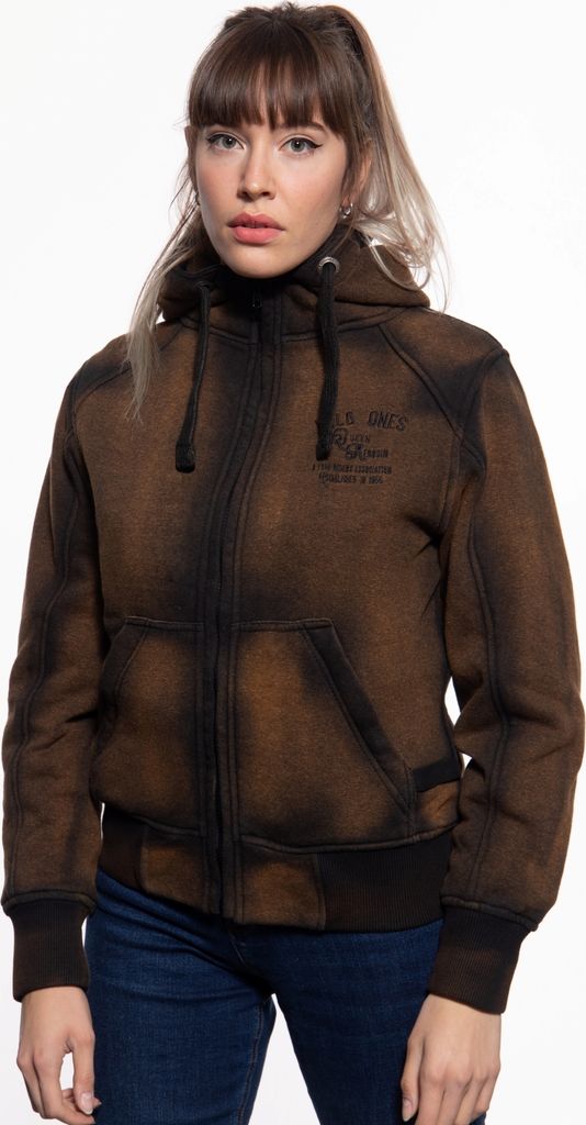 QUEEN KEROSIN Adventure Gear Sweatjacke Mit Separatem Softshell-Innenfutter Im Used-Look Wild Ones Ride Free Braun S