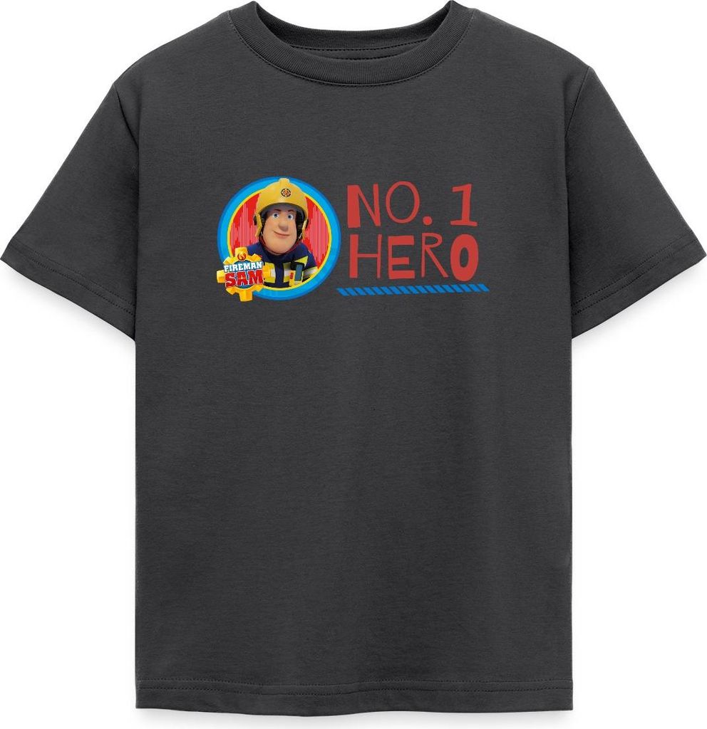 Spreadshirt Feuerwehrmann Sam No. 1 Hero Kinder T-Shirt, 98/104 (3-4 Jahre), Dunkelgrau