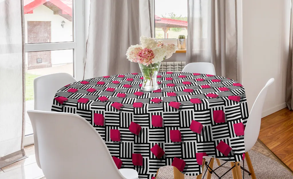 ABAKUHAUS Tovaglia rotonda per camera da letto teenager, geometrica, tovaglia circolare per sala da pranzo, decorazione per cucina, 150 cm, magenta bianco e nero