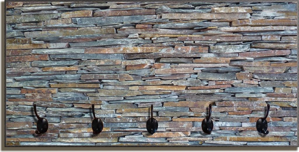 Wallario Flurgarderobe Wandgarderobe aus Holz, mit 5 Haken, Größe 80 x 40 cm, Motiv Natursteinmauer in grau braun