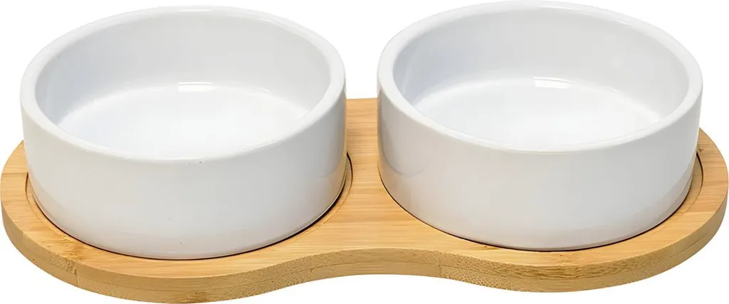 Double gamelle surélevée pour chien en bois de bambou et inox - Taille S