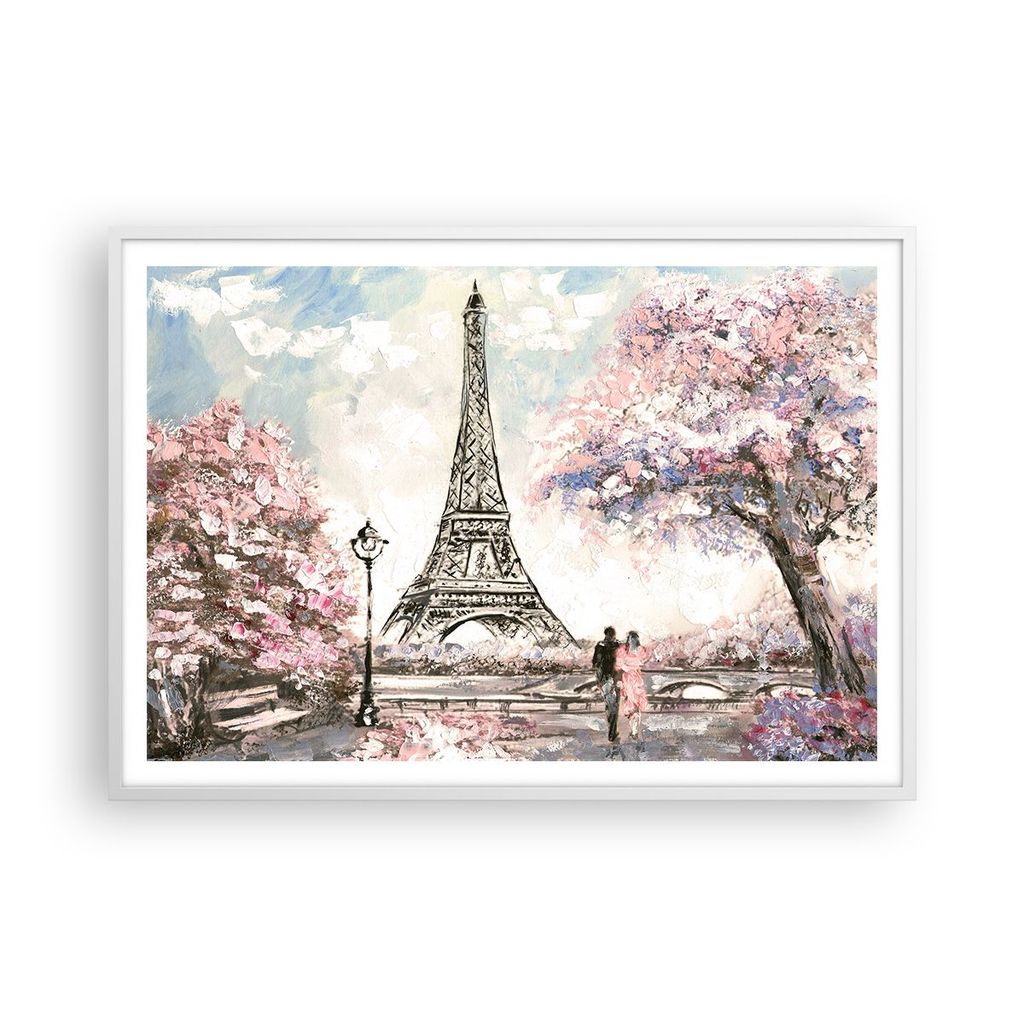 Gerahmtes Poster - Weißer Rahmen - Bäume Eiffle Paar Frankreich - 100x70 cm - Wand Bild - Wanddeko - Wandbilder - Wandposter - Bilderrahmen - Bil...