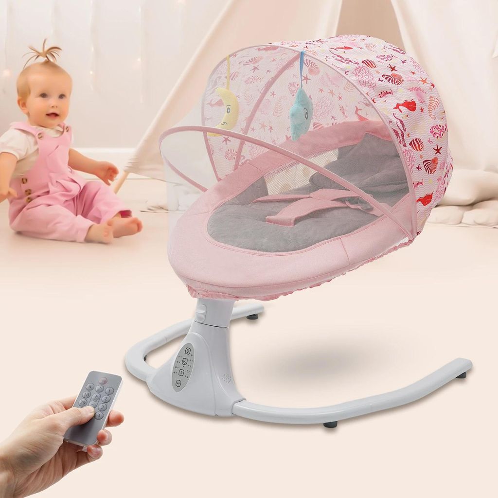 Elektrische Babyschaukel & Wiege - S-Y608 - Bluetooth-Musik - Vier Geschwindigkeiten - Fernbedienung - Bis 20 kg - Metallrahmen - Rosa