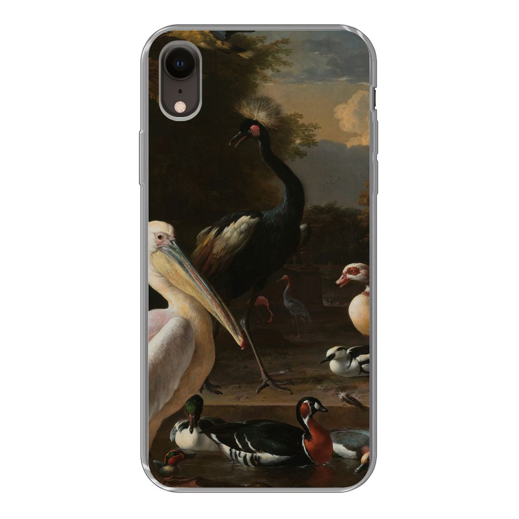 MuchoWow Handyhülle Schutzhülle Hülle für iPhone XR Ein Pelikan und andere Vögel in der Nähe eines Wasserbeckens - Gemälde von Melchior d'...