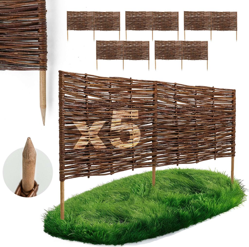 5 x BOGATECO Beeteinfassung aus Weide | 100 cm Lang & 40 cm Hoch | Holz-Zaun Rasenkante | Weiden-Zaun Steckzaun