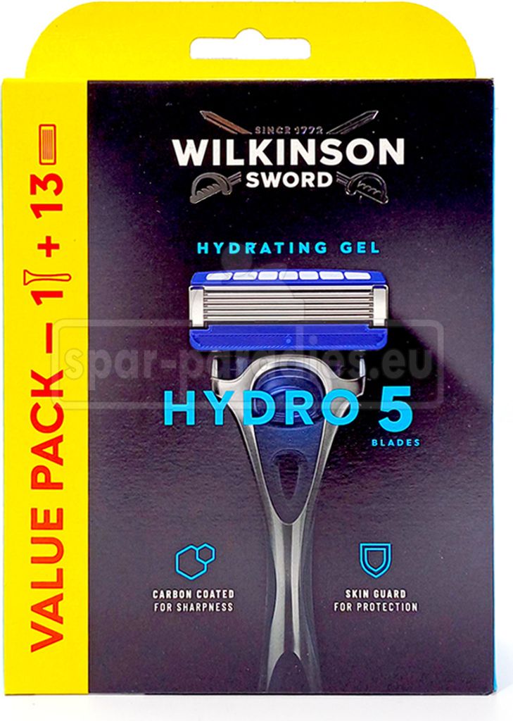 A Wilkinson Sword Hydro 5 razor and blade refill pack.