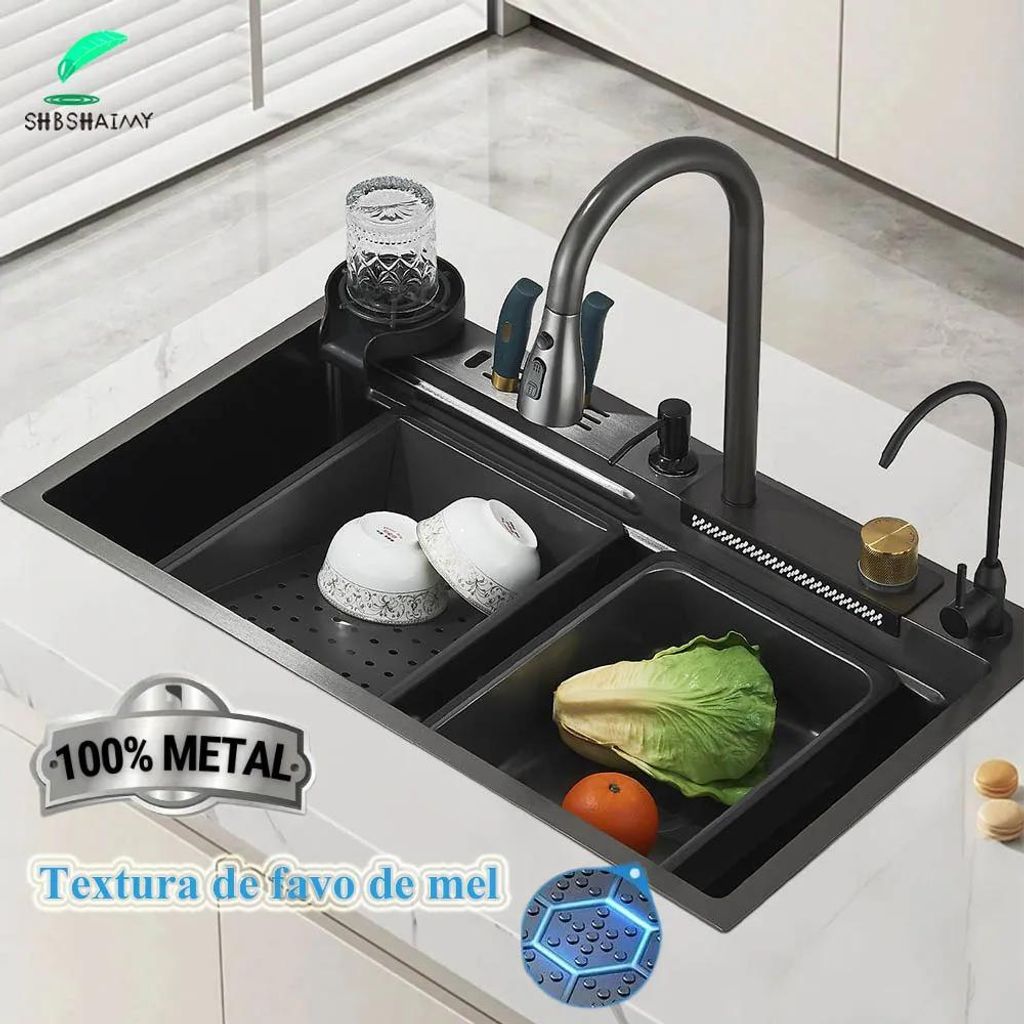 Küchenspüle 60x45 cm - Schürzenfront Einzelbecken - 304 Edelstahl - Auszieharmatur - Becherspüler, Seifenspender, Messerhalter - Gunmetal-Grau