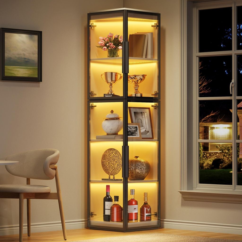 Flieks Schmale Vitrine mit LED-Beleuchtung, freistehende Acrylvitrine mit Doppeltüren für Rundumsicht, Hochschrank 40x40x170cm, Weiß