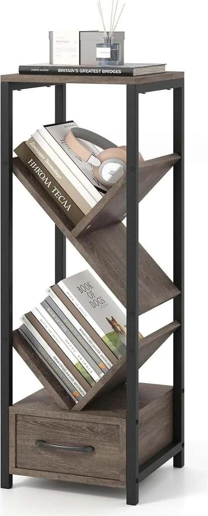 Bücherregal in Baumform - Freistehendes 4-Etagen-Standregal - Mit Schublade - Metallrahmen - CD/DVD-Aufbewahrung - 30,5 × 30,5 × 91,5 cm - Grau