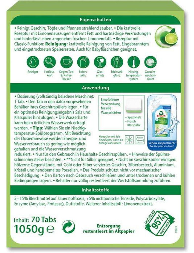 Limonen Classic Geschirrspültabletten 70 Stück - Frosch Produktbild 