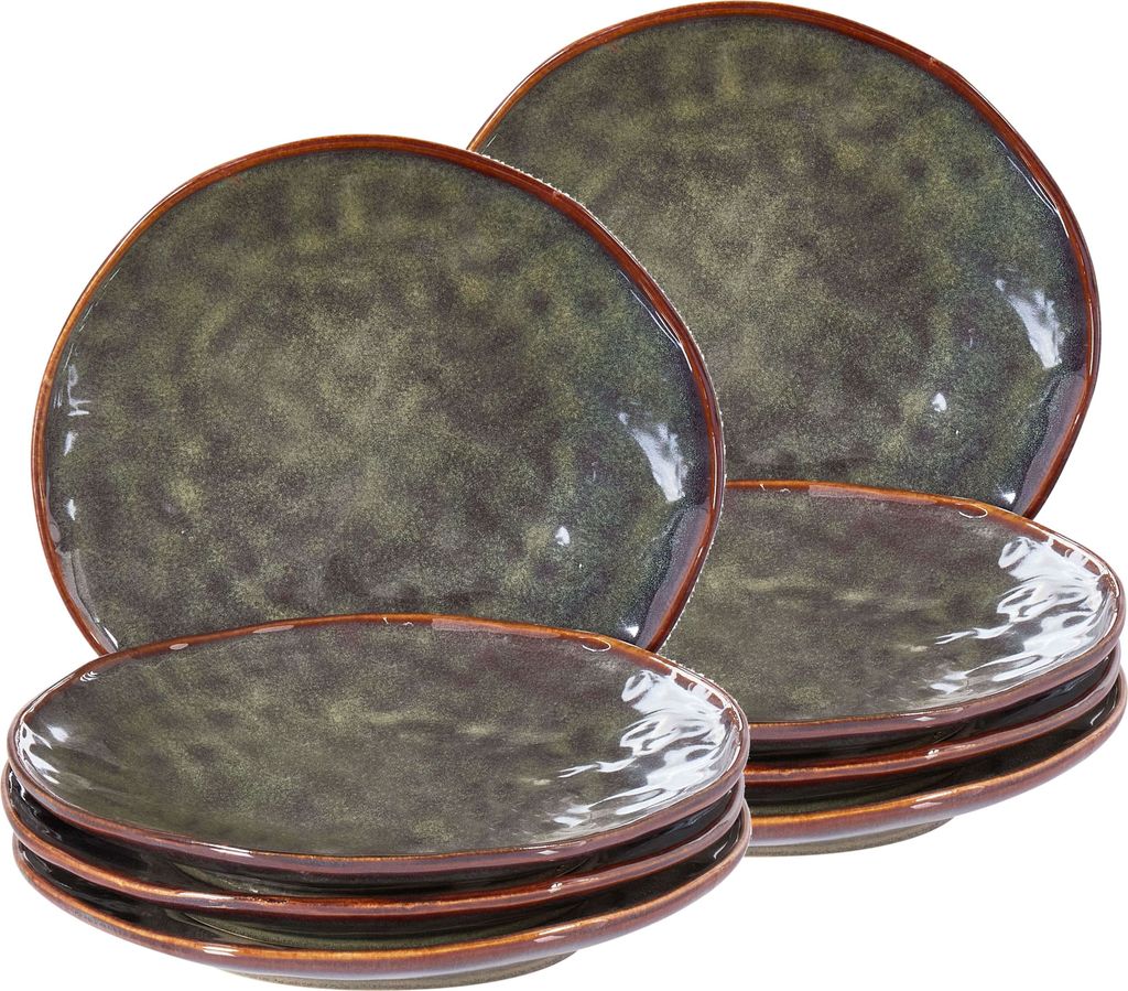 BELIANI Dessertteller Set Dunkelgrün Steinzeug Ton und Kaolin für 8 Personen Rund 22 cm mit Braunem Rand Rund Handgefertigt Retro Geschirr Set