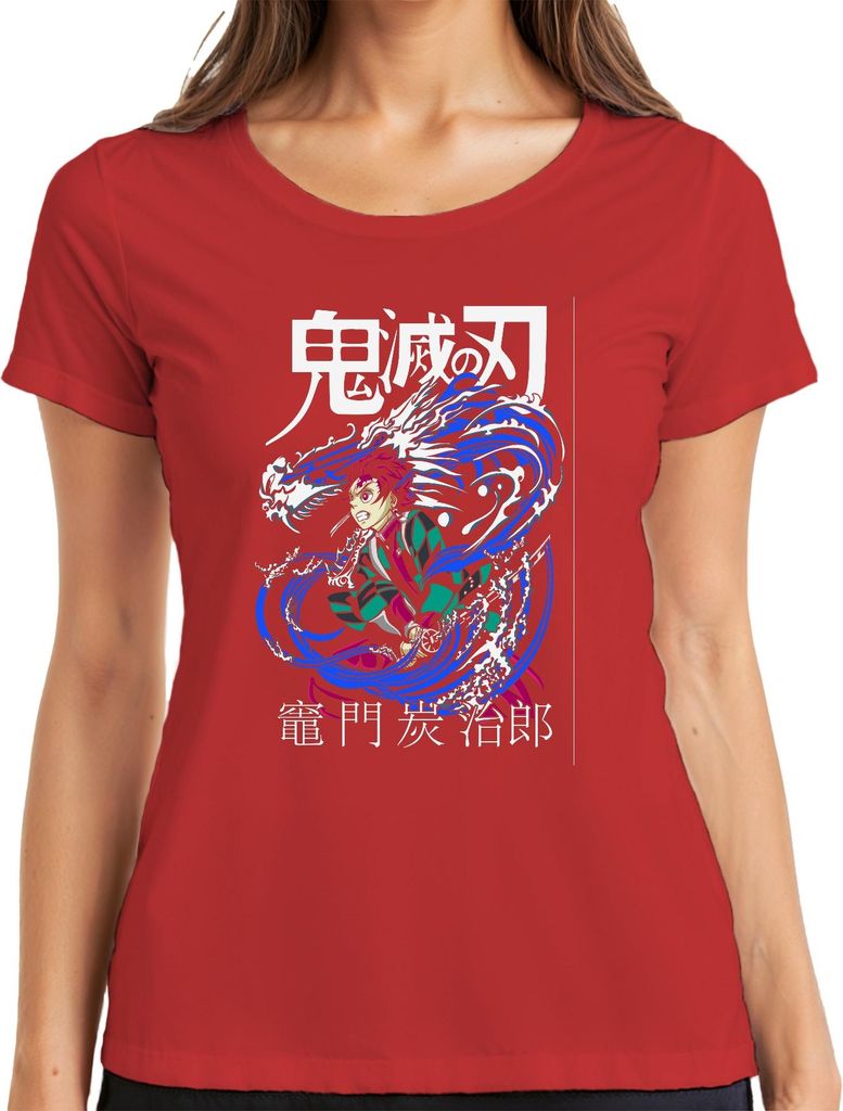 Demon Slayer Tanjiro Kamado Wasserdrache Anime Geschenk Japan Y2K Streetwear Damen T-Shirt, Rot, XL