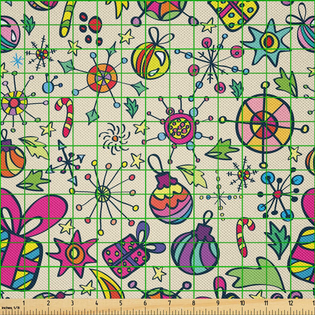 ABAKUHAUS Weihnachten Satin Stoff als Meterware, Lebhafte Grafik-Sammlung von saisonalen lustigen Dekoration Rich Elements Doodle Art, 3 M (148 x 3...