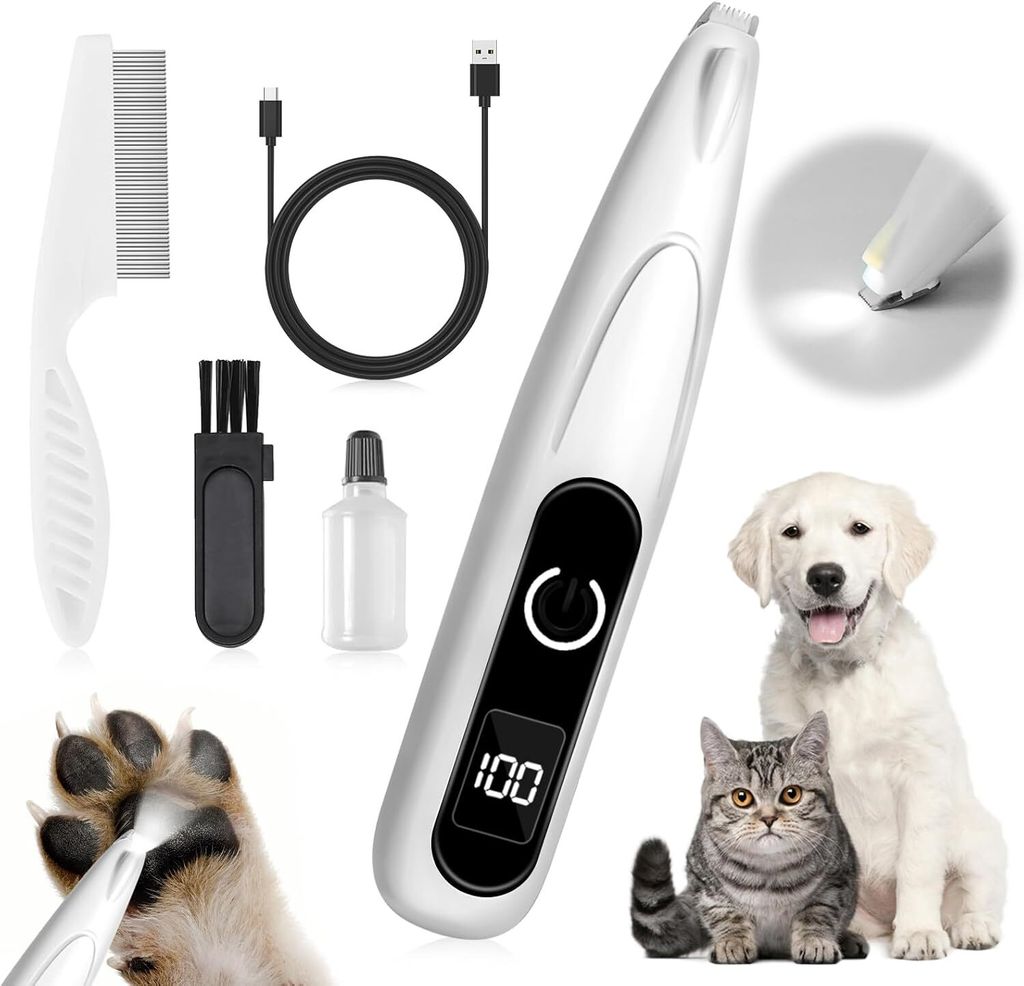 Hundeschermaschine, Pfotenschneider für Hunde, Tierhaarschneider mit LED, Kabelloser Clipper Hundepfoten Leise, Elektrischer Tierhaarschneider