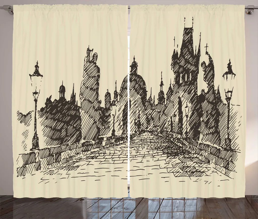 Rideau à fronces Pont de Prague anthracite et beige 280 x 225 cm