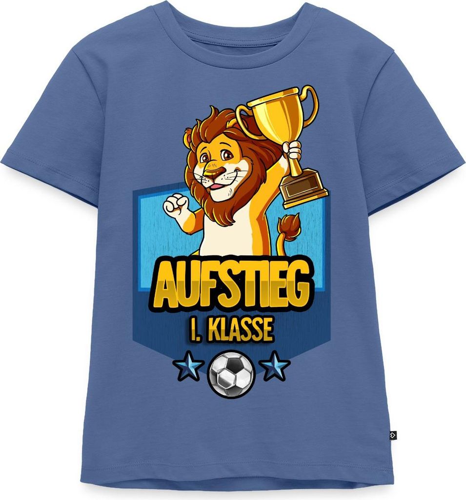 Spreadshirt Aufstieg 1. Klasse Schulanfang Fußball Löwe Kinder Premium T-Shirt, 122/128 (6 Jahre), Taubenblau