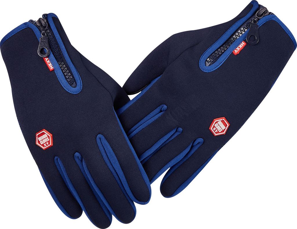 Winter Warme Handschuhe mit reißverschluss, Wasserdicht Winddicht Rutschfest Winterhandschuhe Fahrradhandschuhe für Herren Damen, Blau, L