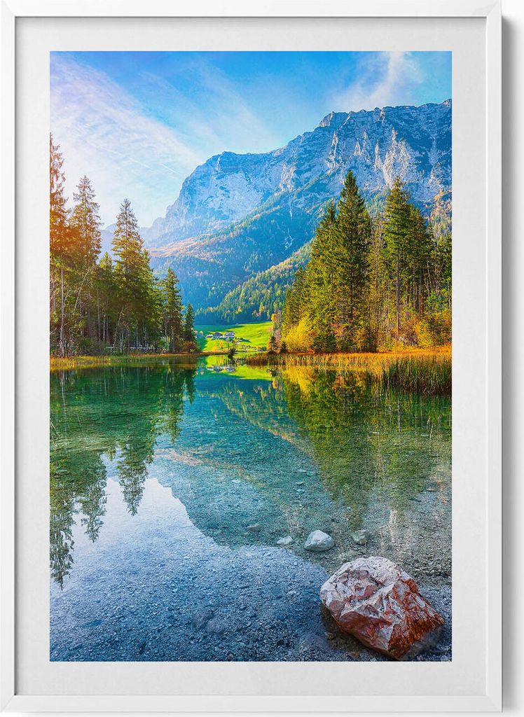Fluss von Bergen Landschaft– Wandbild mit Rahmen – Gerahmtes Bild – Wanddekoration – 70x100 cm – Weiß Rahmen