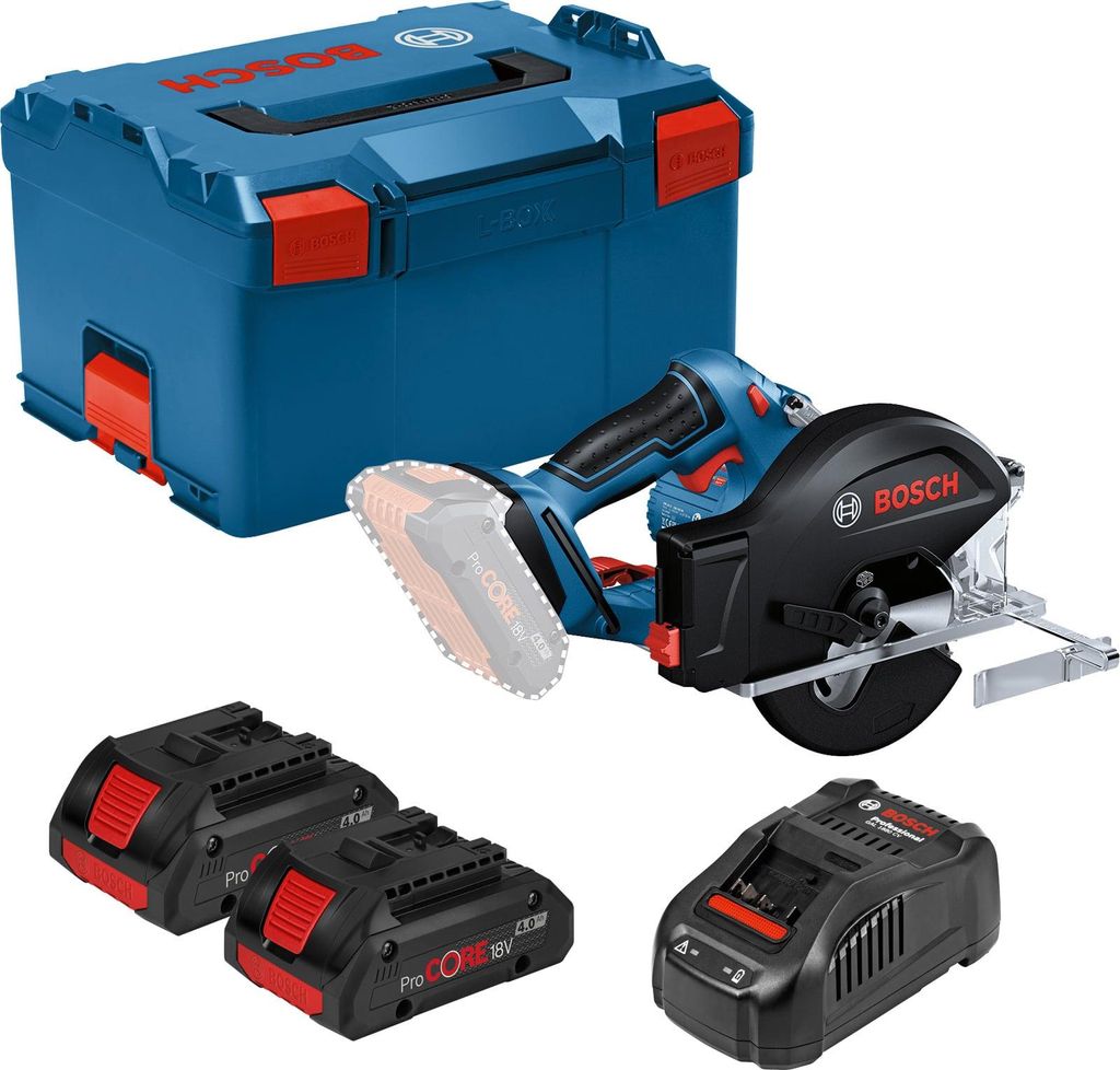 Bosch Akku-Kreissäge GKM 18V-50 Ø 136 mm / 2x 4,0 Ah ProCORE + GAL 1880 CV in L-Boxx