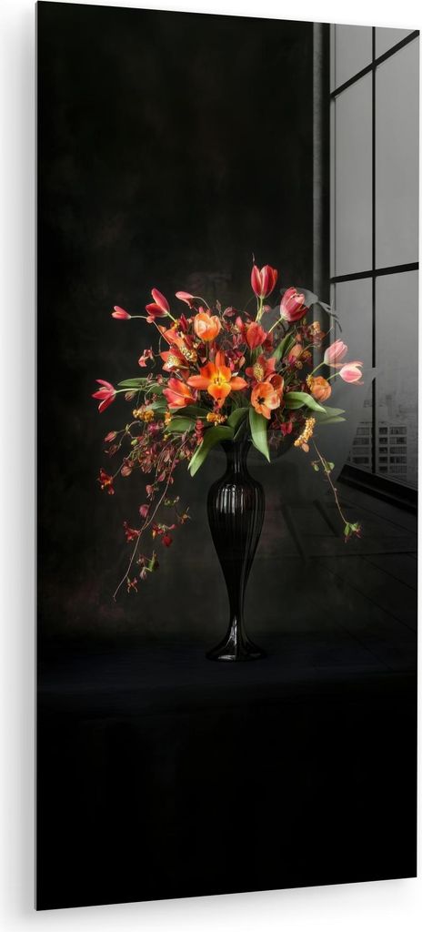 MuchoWow Glasbilder - Bilder auf Wandbild - Foto auf Glas Ornamental - Blumenstrauß - Vase 40x80 cm Wanddekoration aus Glas - Acrylglasbild - Acry...