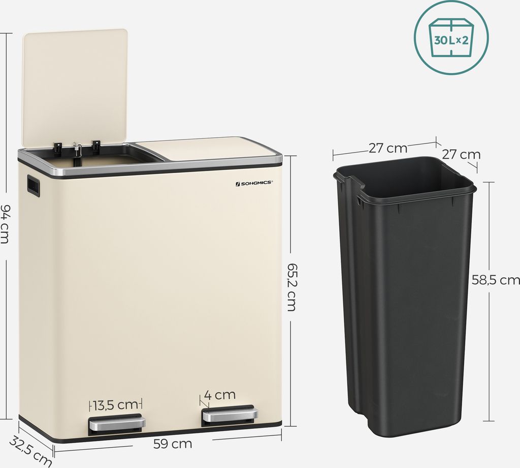 SONGMICS Mülleimer Mülltrennsystem, mit 2 Fächern, 2 x 30 Produktbild 8