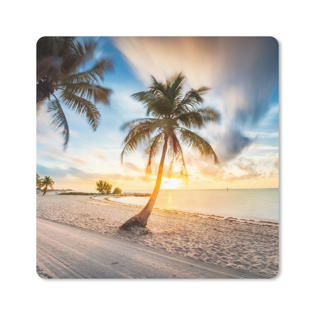 MuchoWow Mauspad Mousepad Sonnenuntergang - Strand - Palme 20x20 cm - Mousepads - Maus Mat - Pad - Mausunterlage - Desk Mat - Bureauartikeln