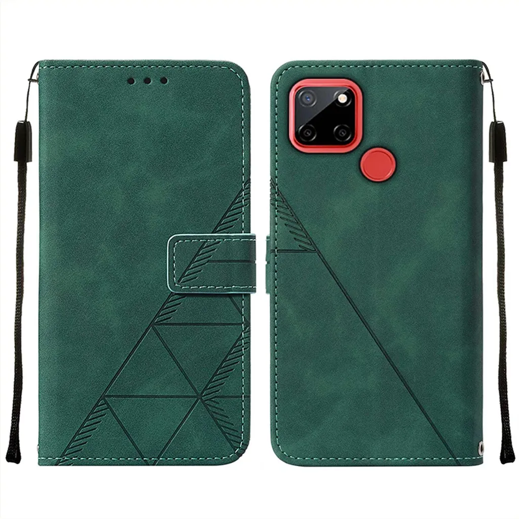 Custodia in pelle flip per OPPO Realme 7i (Global) / C12 / C25 / Narzo 20 / Narzo 30A custodia design portafoglio con goffratura, porta carte e supporto verde