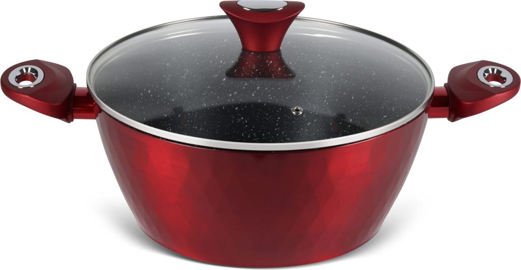 A red pot with a glass lid and red handles is shown against a white background.
