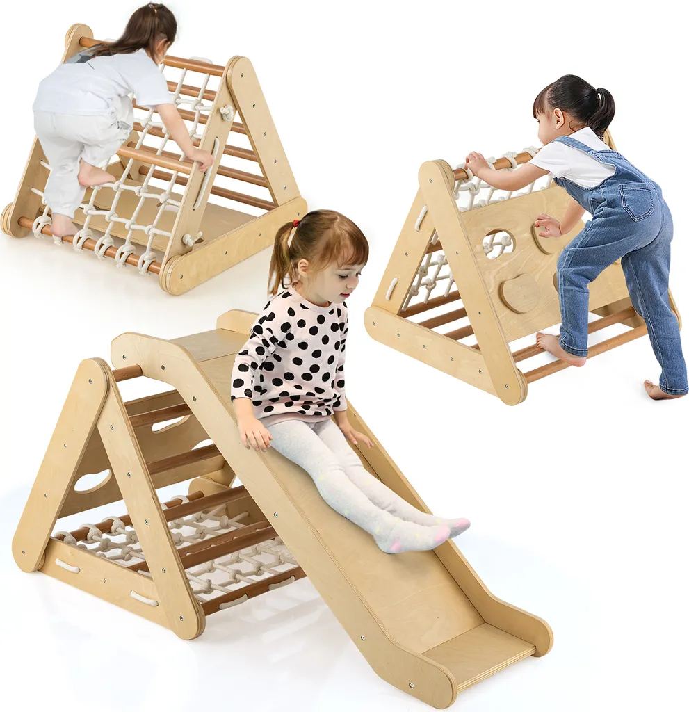 Palestra Legno Bambini COSTWAY 4in1: Triangolo, Rete e Scivolo