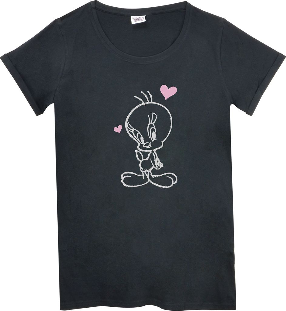 Looney Tunes Nachthemd für Damen - Tweety Schlafshirt Pyjama kurzärmlig Oberteil Schwarz L
