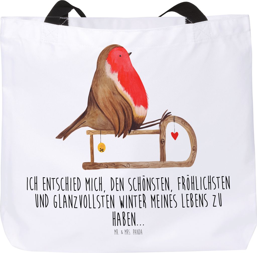 Mr. & Mrs. Panda Beutel Rotkehlchen Schlitten - Weiß - Geschenk, Weihnachten, Schultasche, Wintermotiv, Tasche, Einkaufstasche, Vogel, Strandtasch...