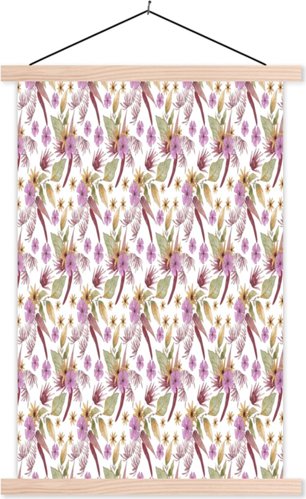 MuchoWow Textilposter Blumen - Lila - Muster 120x180 cm mit holzfarbenen Rahmen - Textil-Plakat