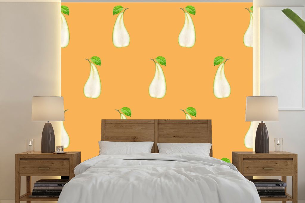 MuchoWow Fototapete für Wohnzimmer oder Schlafzimmer Wandtapete Vinyl Motivtapete Birne - Pastell - Muster - 280x280 cm - Hintergrundbild