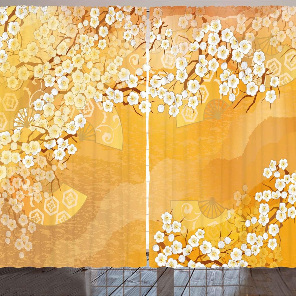 ARANDE asiatisch Gardine, Japanische Kirschblüte Sakura Baum Blüten Ethnisches Handfächer Muster, 280 x 175 cm, Ringelblume Creme