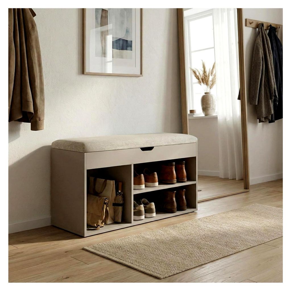 BOXIMO TRIA Schuhschrank mit Sitzbank, MDF und Polyester, 80 x 43 x 30 cm (Beige)