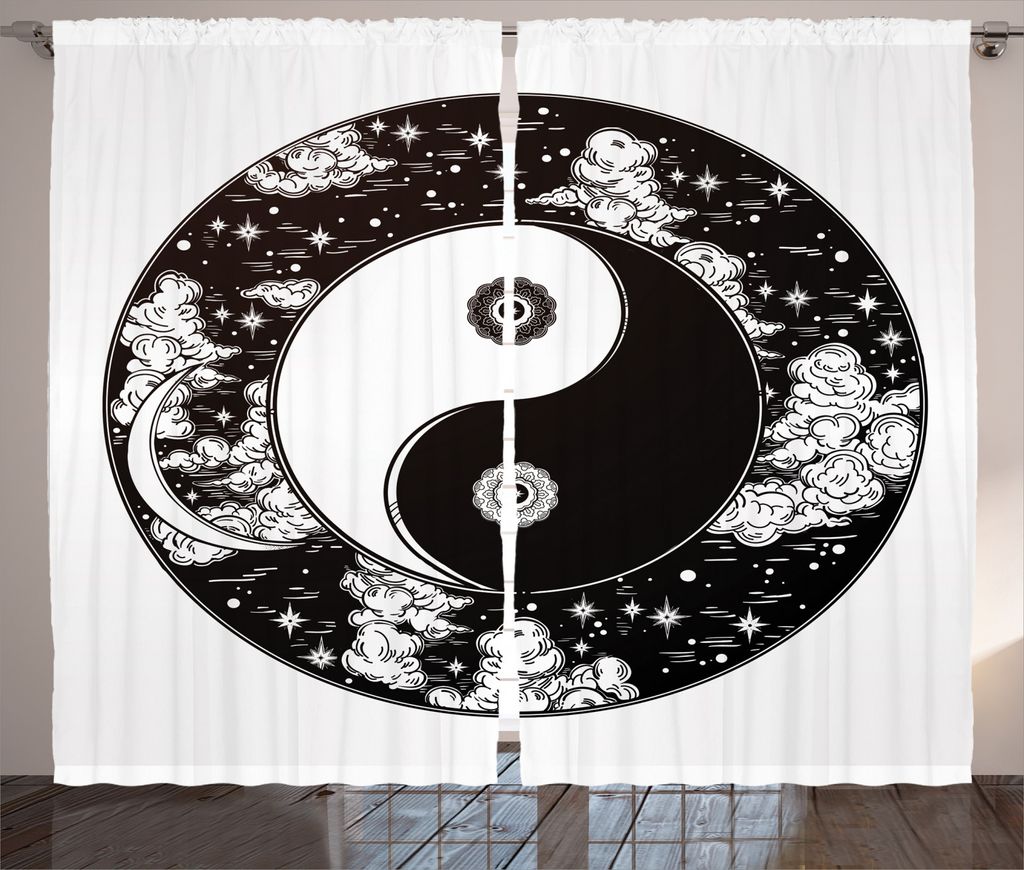 ABAKUHAUS Ying Yang Rustikaler Gardine, Sterne Mond Nachthimmel, Schlafzimmer Kräuselband Vorhang mit Schlaufen und Haken, 280 x 245 cm, Schwarz u...