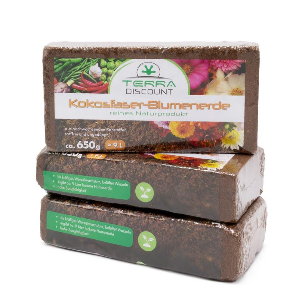 Kokosfaserhumus 3x650 g – ergibt ca. 27 L Blumenerde – Kokoserde Ziegel gepresst – torffreie Anzuchterde für Pflanzen, Kräuter & Gemüse