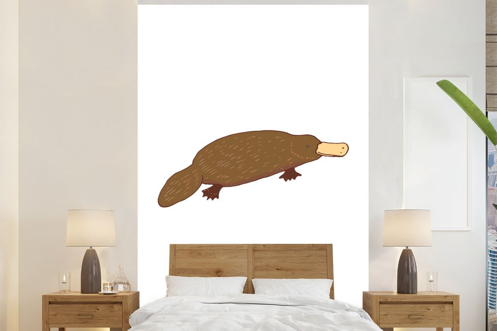 MuchoWow Fototapete für Wohnzimmer oder Schlafzimmer Wandtapete Vinyl Motivtapete Schnabeltier - Weiß - Kinder - Jungen - Mädchen - 145x220 cm...