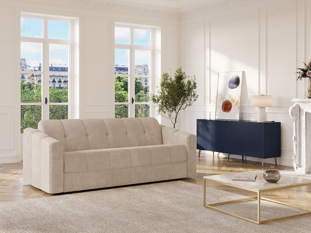 Schlafsofa mit Matratze 3-Sitzer - Strukturstoff - Beige - Liegefläche 140 cm (breite Latten) - Matratze 22 cm mit Memory Schaum - DARIELO
