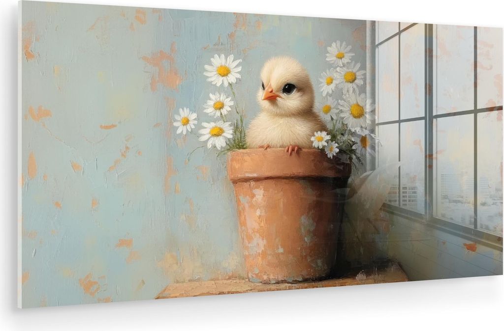 MuchoWow Glasbilder - Bilder auf Wandbild - Foto auf Glas Blumentopf - Küken - Blumen 40x20 cm Wanddekoration aus Glas - Acrylglasbild - Acrylbild...