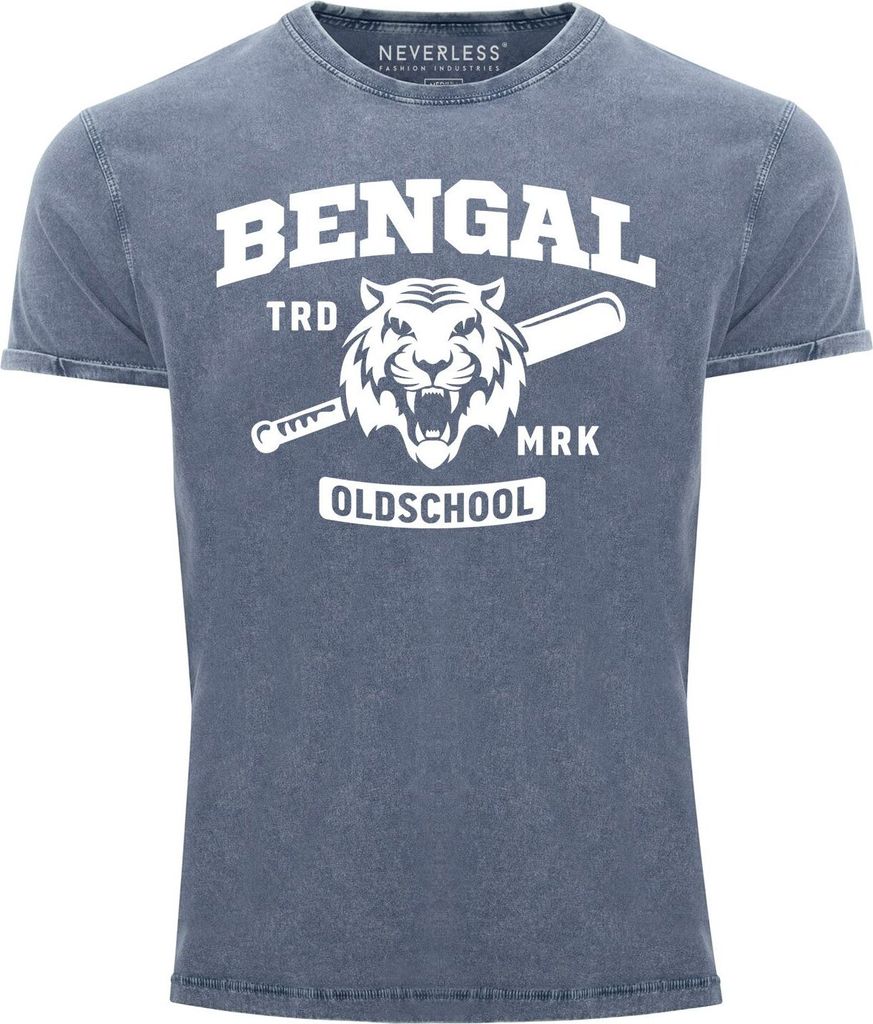 Herren Vintage Shirt Bengal Tiger Baseball Sport USA Printshirt T-Shirt Aufdruck Used Look Slim Fit Neverless blau S