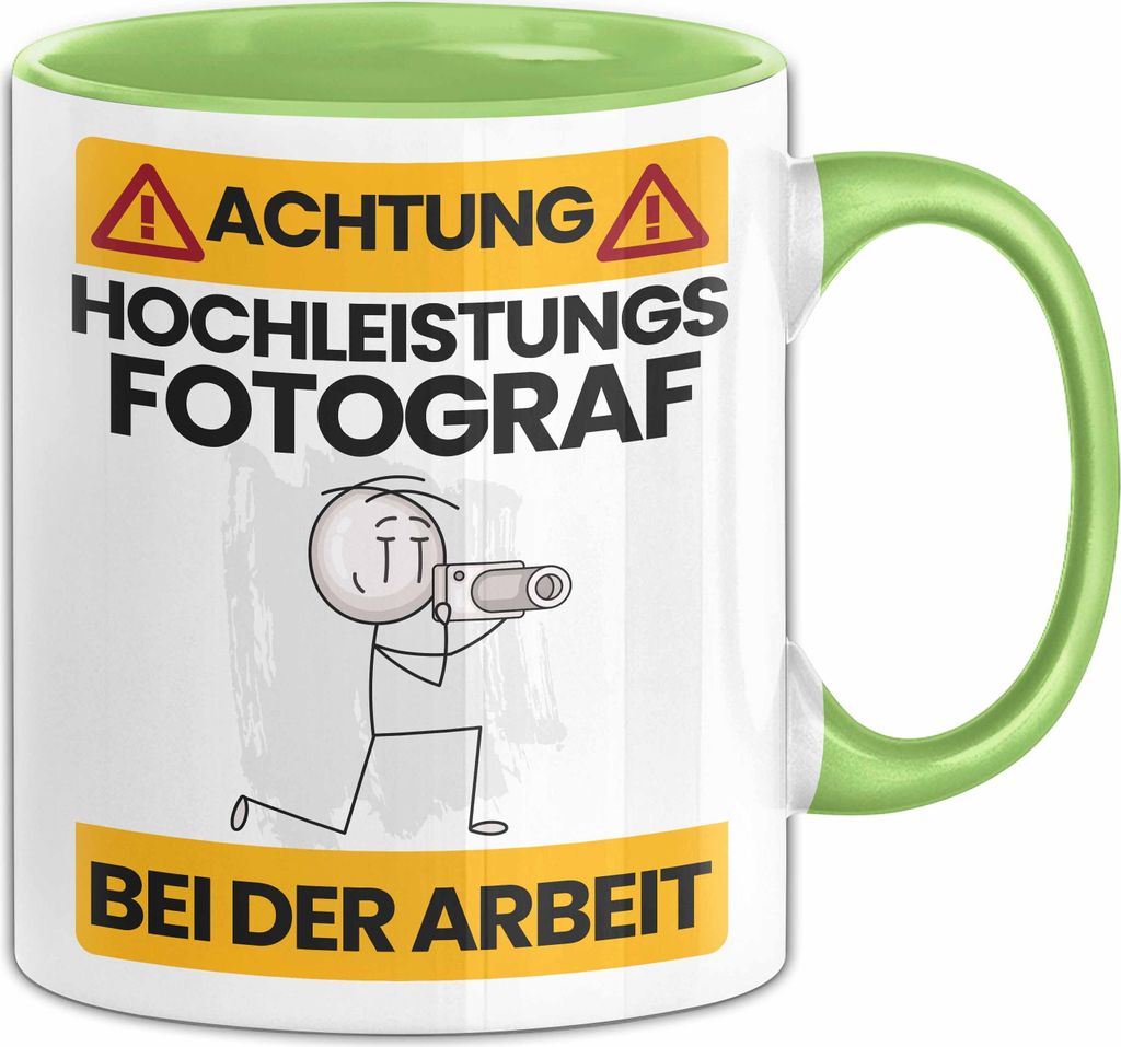 Fotograf Tasse Geschenk Lustiger Spruch Geschenkidee für Fotograf Achtung Hochleistungs Fotograf Bei Der Arbeit (Grün)